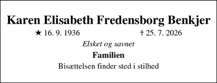 Dødsannoncen for Karen Elisabeth Fredensborg Benkjer  - Sønderborg