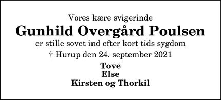Dødsannoncen for  Gunhild Overgård Poulsen - Hurup Thy