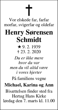 Dødsannoncen for Henry Sørensen Schmidt - Haderslev