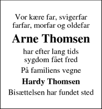 Dødsannoncen for Arne Thomsen - Haderslev