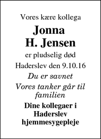 Dødsannoncen for Jonna 
H. Jensen - Haderslev