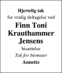 Taksigelsen for Finn Toni
Krauthammer
Jensens - ingen