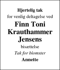 Taksigelsen for Finn Toni
Krauthammer
Jensens - ingen