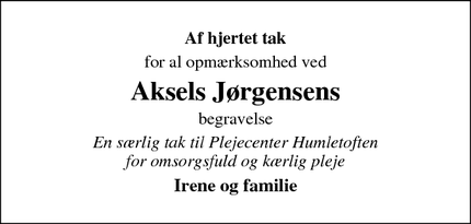 Taksigelsen for Aksels Jørgensens - Haderslev 