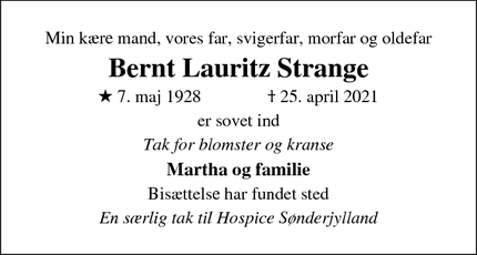 Dødsannoncen for Bernt Lauritz Strange - Haderslev