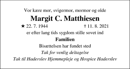 Dødsannoncen for Margit C. Matthiesen - Haderslev