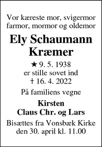Dødsannoncen for Ely Schaumann
Kræmer - Odense C