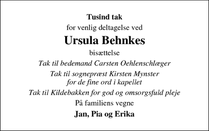 Dødsannoncen for Ursula Behnkes - Rødding