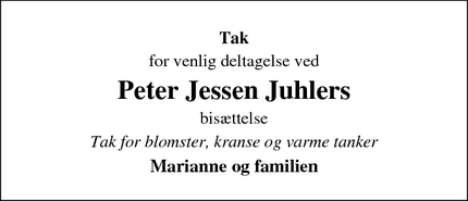 Dødsannoncen for Peter Jessen Juhlers - Hammelev