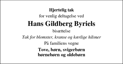 Taksigelsen for Hans Gildberg Byriel - Sdr. Vilstrup