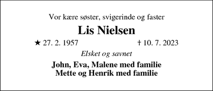 Dødsannoncen for Lis Nielsen - Vojens