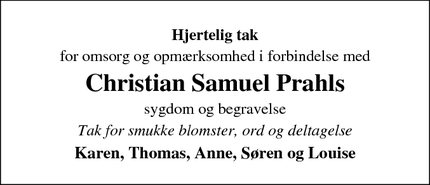 Taksigelsen for Christian Samuel Prahl - Hoptrup/Haderslev
