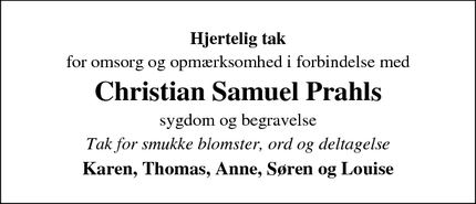 Taksigelsen for Christian Samuel Prahl - Hoptrup/Haderslev