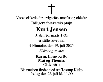 Dødsannoncen for Kurt Jensen - Haderslev 