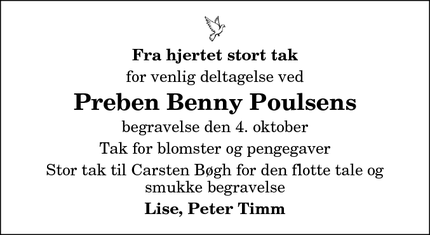 Dødsannoncen for Preben Benny Poulsens - Glerup 