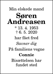 Dødsannoncen for Søren Andreasen - Hadsund