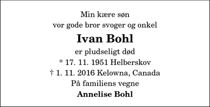 Dødsannoncen for Ivan Bohl - Hadsund