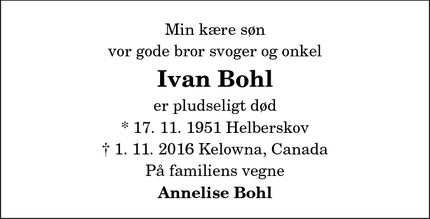 Dødsannoncen for Ivan Bohl - Hadsund