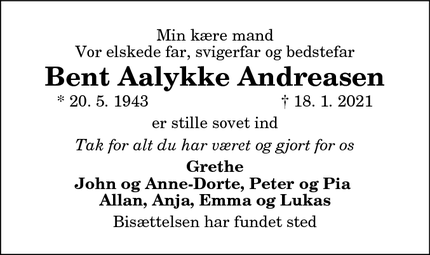 Dødsannoncen for Bent Aalykke Andreasen - Bælum