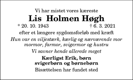 Dødsannoncen for Lis  Holmen Høgh - Hadsund
