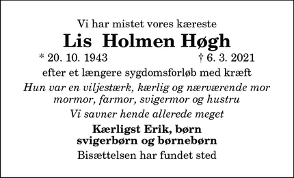 Dødsannoncen for Lis Holmen Høgh - Hadsund