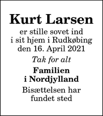 Dødsannoncen for Kurt Larsen - Rudkøbing