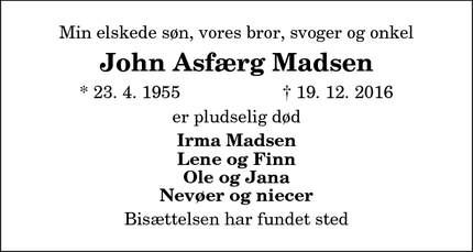Dødsannoncen for John Asfærg Madsen - Hadsund