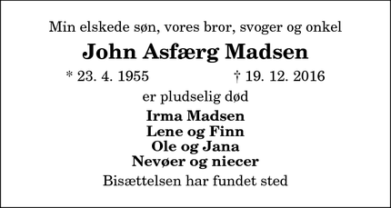 Dødsannoncen for John Asfærg Madsen - Hadsund