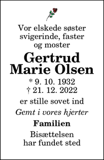 Dødsannoncen for Gertrud
Marie Olsen - Als, 9560 Hadsund