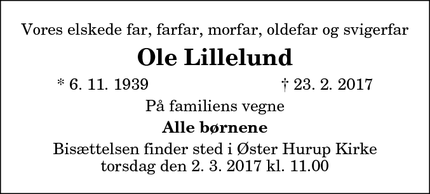 Dødsannoncen for Ole Lillelund - Hadsund