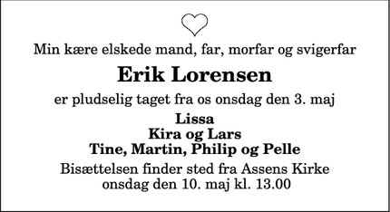 Dødsannoncen for Erik Lorensen - Assens