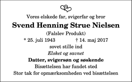 Dødsannoncen for   Svend Henning Strue Nielsen - Falslev