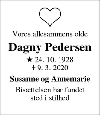 Dødsannoncen for Dagny Pedersen - Hundested