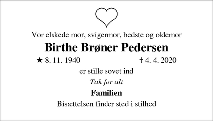 Dødsannoncen for Birthe Brøner Pedersen - Hundested
