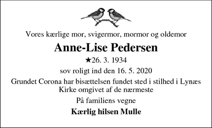 Dødsannoncen for Anne-Lise Pedersen - Lynæs