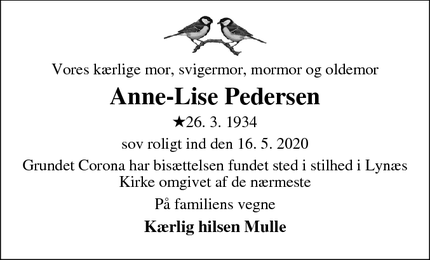 Dødsannoncen for Anne-Lise Pedersen - Lynæs