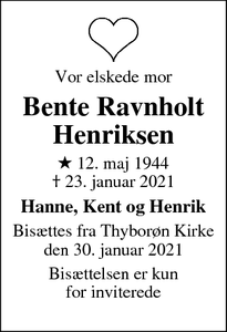 Dødsannoncen for Bente Ravnholt
Henriksen - Thyborøn