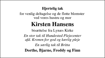 Taksigelsen for Kirsten Hansens - 3390 Hundested