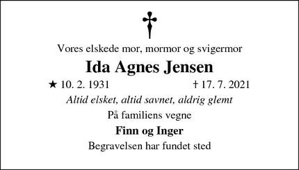Dødsannoncen for Ida Agnes Jensen - Ølsted/Kregme