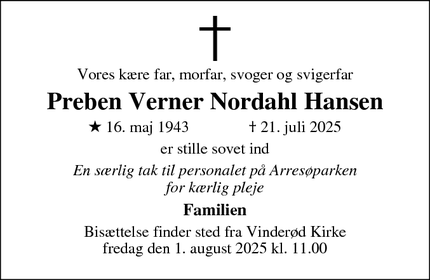 Dødsannoncen for Preben Verner Nordahl Hansen - Frederiksværk