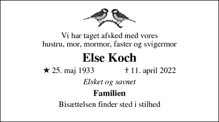 Dødsannoncen for Else Koch - Kbh S