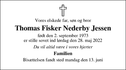 Dødsannoncen for Thomas Fisker Nederby Jessen - Frederiksværk