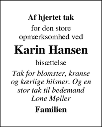 Taksigelsen for Karin Hansen - Melby