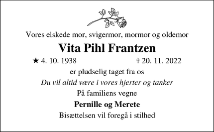 Dødsannoncen for Vita Pihl Frantzen - Hundested