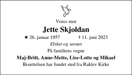 Dødsannoncen for Jette Skjoldan - Frederiksværk