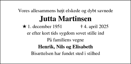 Dødsannoncen for Jutta Martinsen - Hundested