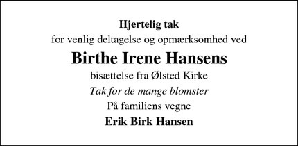 Taksigelsen for Birthe Irene Hansen - 3310 Ølsted