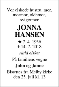 Dødsannoncen for JONNA HANSEN - Liseleje