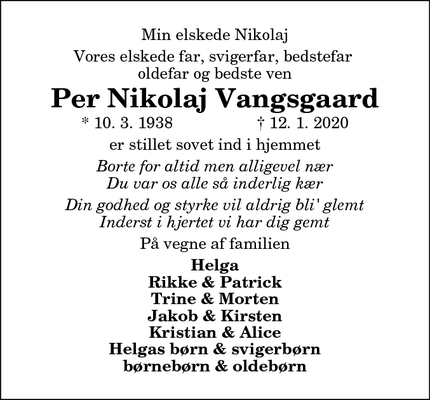 Dødsannoncen for Per Nikolaj Vangsgaard - Ny Skovsgaard, Brovst