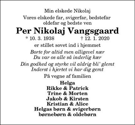 Dødsannoncen for Per Nikolaj Vangsgaard - Ny Skovsgaard, Brovst